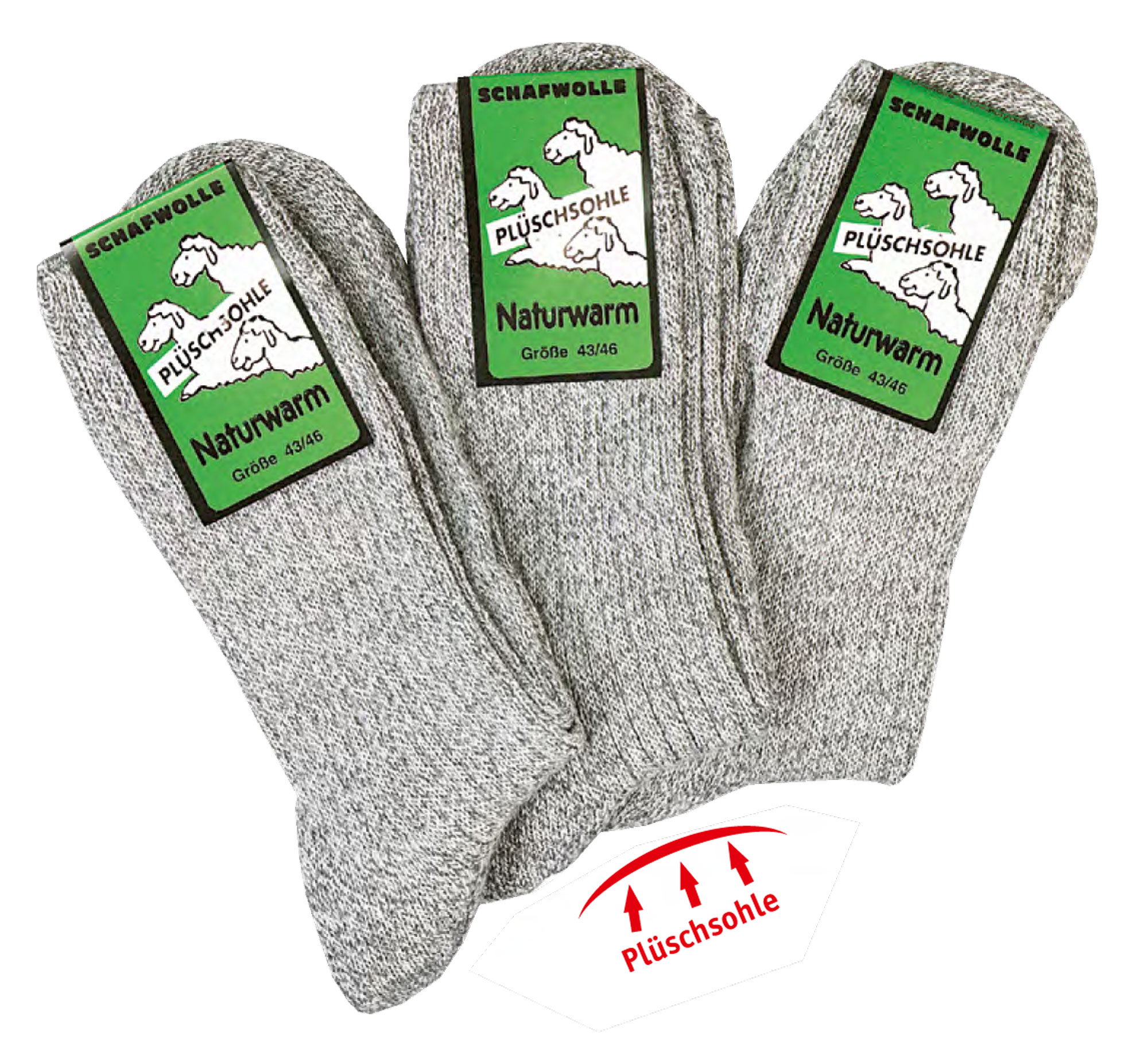 Wellness-Socken mit Wolle & Plüschsohle (ohne Gummidruck) 3er-Bündel