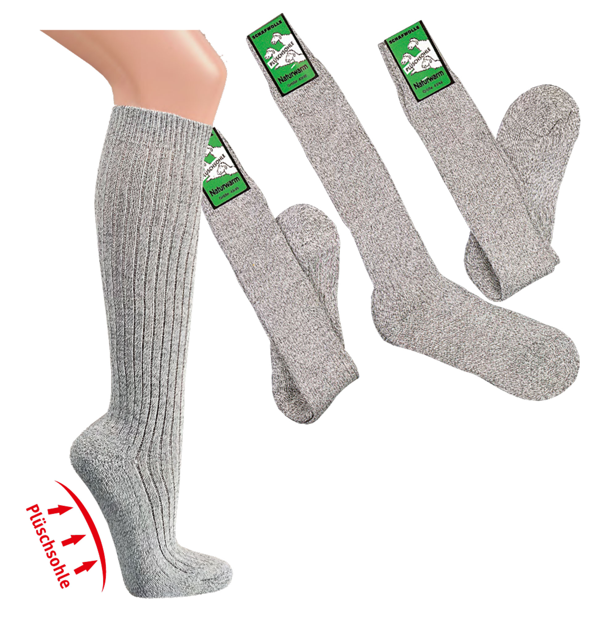 Plüschsohle-Socken lang, mit Schafwolle 3er-Bündel